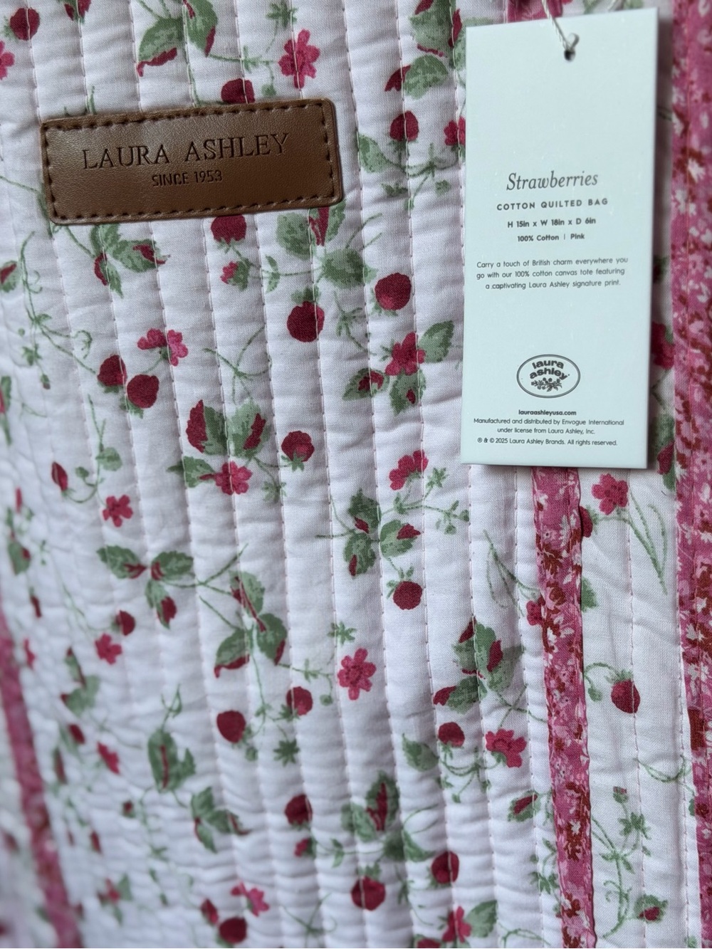 Laura Ashley pink Strawberry Vintage Inspired Floral reusable Quilted tote Bag - Picture 6 of 7